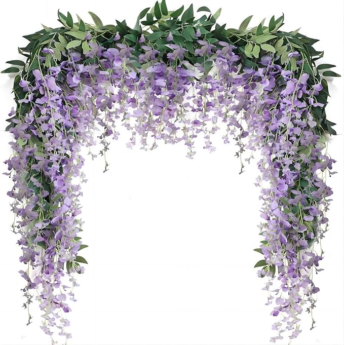 JUSTOYOU 3PCS 7FT Artificial Wisteria Vine Garland Fake Flower Wisteria Garlands for Outdoor Indoor Wedding Wall Badroom Decoration(Purple)