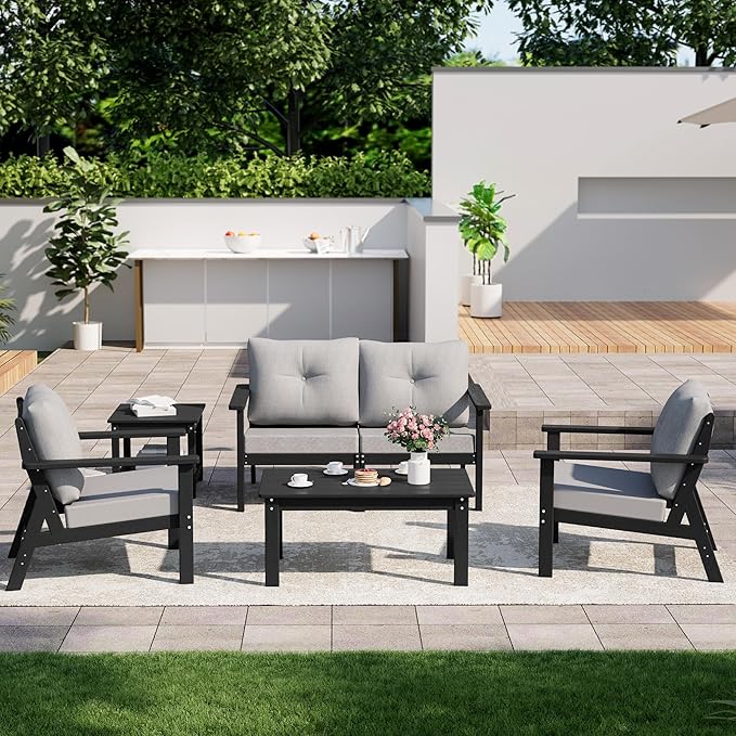 6-Piece HDPE Patio Furniture Set, Outdoor Sectional Sofa Set,All Weather Outdoor Couch with Dust-Free Cushions, Durable Patio Conversation Sets for Balcony, Porch, Black