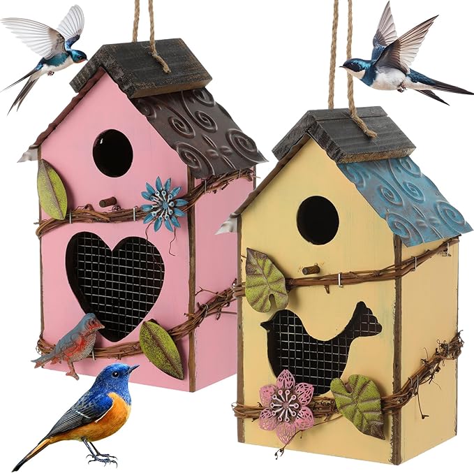 2 Pcs Decorative Birdhouse for Yard Outside Hanging Wooden Birdhouse Hand Painted Bird Box for Bird Lovers Bluebird Tree Swallow Wild Chickadee Garden Decor(Pink,Yellow,Iron Roof)