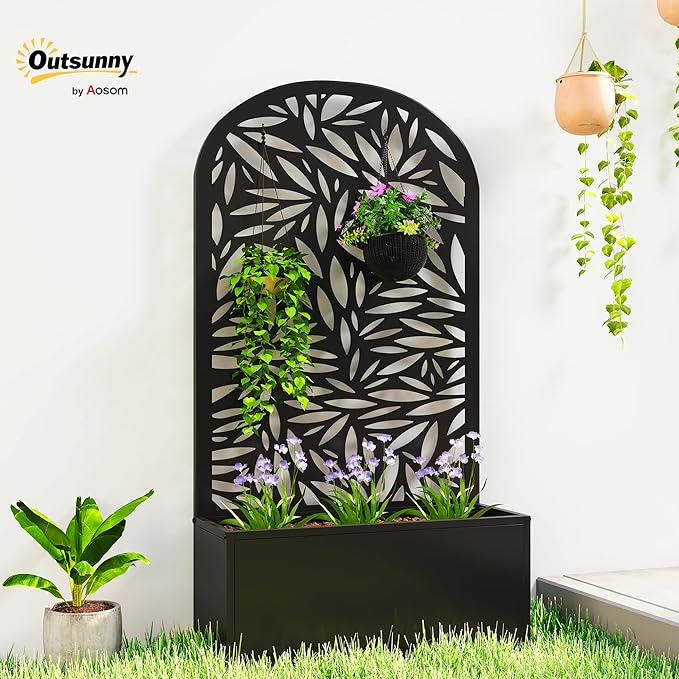 Outsunny Metal Raised Garden Bed with Trellis for Climbing Plants, Freestanding or Wall Mounted Flower Bed with Cueved Privacy Panel, Leaves Cut-Out Outdoor Planter Box for Garden, Patio, Balcony