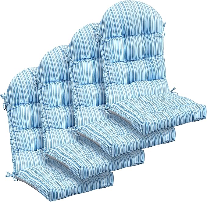 Geelin 4 Pcs Adirondack Chair Cushion High Back Patio Rocking Chair Cushion 44 x 19 x 4 Inch Tufted Weather Resistant Fade Resistant Seat for Patio Rocking Seat (Blue Stripes)