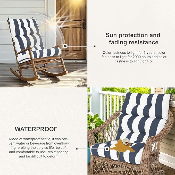 Outdoor High Back Chair Cushions 2-Pack, 44"x22"x 4" Fade-Resistant Waterproof Tufted Pads with Ties for Patio Rocking & Adirondack Chairs (Navy Blue White)