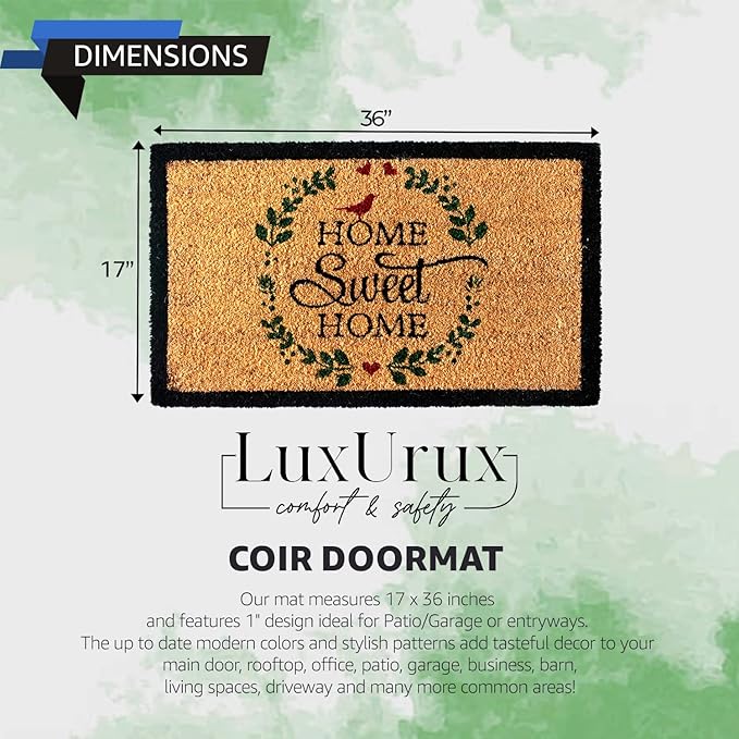 LuxUrux Welcome Mats Outdoor Coco Coir Doormat, with Heavy-Duty PVC Backing - Natural - Perfect Color/Sizing for Outdoor/Indoor uses. (17 x 36)
