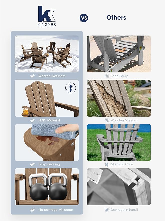 KINGYES Folding Adirondack Chair Set of 2, HDPE All-Weather Patio Chairs with Cup Holder, Wooden Textured Fire Pit Chairs for Poolside, Backyard, Deck, Brown