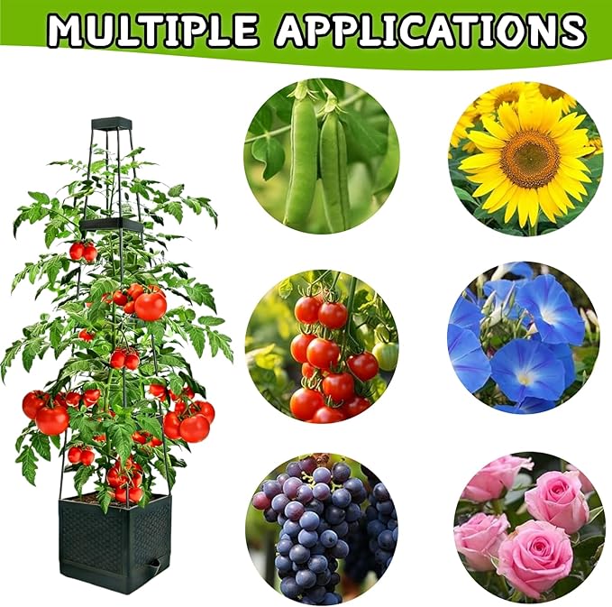 2Pcs Raised Garden Bed Tomato Planter Box with Trellis, 57 Inch Self-Watering Large Tomato Cage for Patio Garden Pots, Climbing Plants Cucumber Vine Vegetables Flowers Outdoor & Indoor
