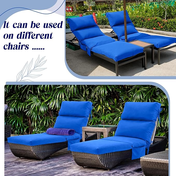 Kigley 2 Pcs Chaise Lounge Cushions, 77.9 x 20.5 x 4.7 Inch Outdoor Lounge Chair Cushions with Pocket, Thick Tufted Patio Recliner Replacement with Ties, Fade Resistant for Pool Furniture (Blue)