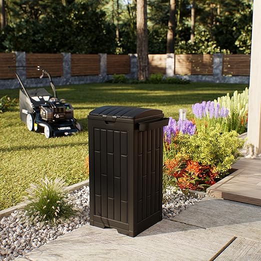 30 Gallon Black Outdoor Trash Can with Hinged Lid, Weather-Resistant Resin Waste Container for Patio, Backyard, Pool Area, Home & Commercial Use