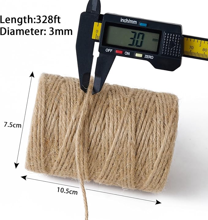3mm 328 Feet Natural Jute Twine, for Crafts Gift, Craft Projects, Wrapping, Bundling, Packing, Holiday Packaging Twine, Gardening and More, Jute Rope to Use Around The House and Garden