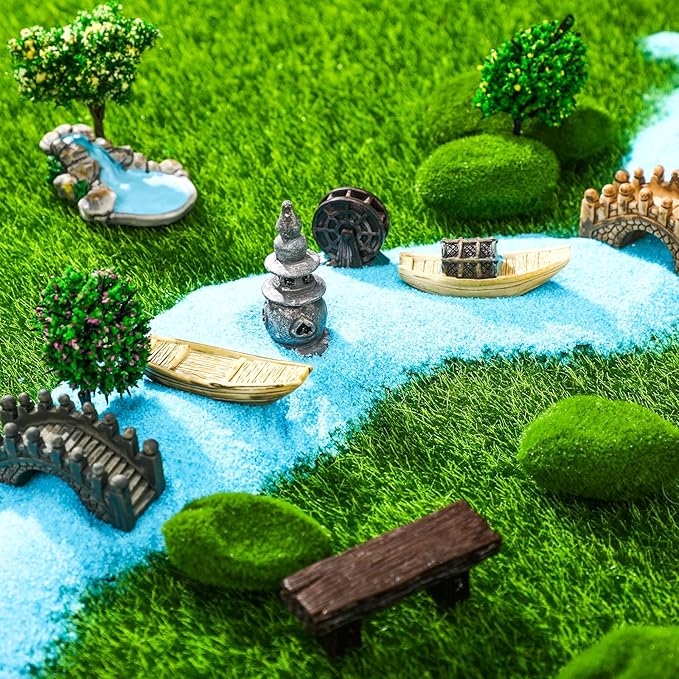 BBTO 24 Pcs Fairy Garden Accessories Architecture Miniatures- Fairy Pond Grass Boat Bridge Chair Figurines Artificial Mini Outdoor Garden Kit Water Features for Crafts Decorations