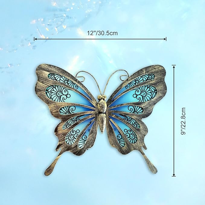 LIFFY Metal Butterfly Outdoor Decor 12"" Hanging Glass Butterflies Wall Decor Garden Art Decorative Ornaments Outside Indoor Home Decor for Living Room Bedroom Patio Fence, Blue