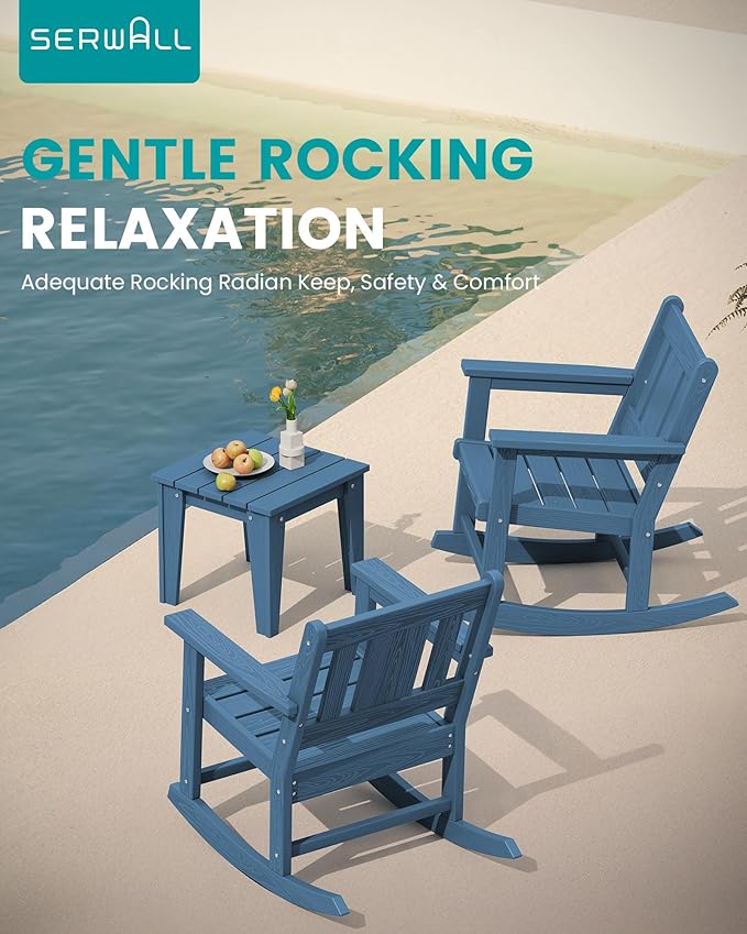 SERWALL Outdoor Rocking Chairs Set of 2 with Side Table, All-Weather HDPE 3 Piece Patio Furniture Set, Outdoor Bistro Set for for Porch Deck Lawn Balcony, Blue