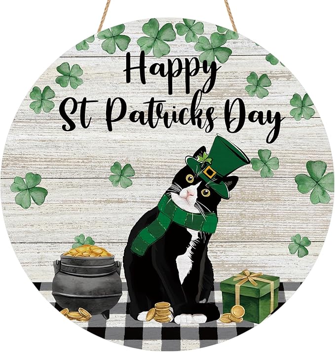 Happy St Patricks Day Cat Door Sign Shamrocks Clovers Tuxedo Cat Wood Door Hanger for Outdoor Outside Porch Holiday Farmhouse Wooden Indoor Wall Hanging Decoration