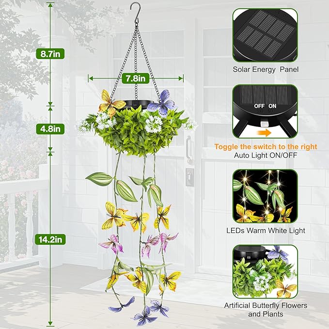 Colorful Solar Butterfly Lights for Garden, 2 Pack Hanging Lights with Fluttering Butterflies & Flowers, IP65 Waterproof Outdoor String Lights for Patio, Birthday & Kids Play Area