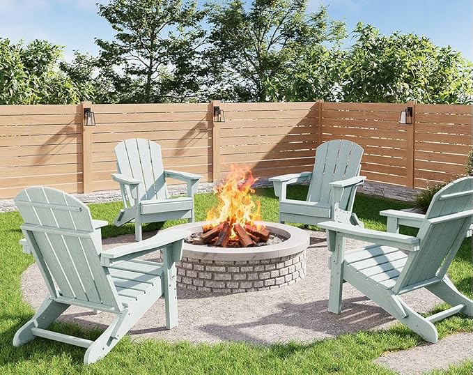 GarveeLife Folding Adirondack Chairs Set of 4, HDPE Plastic Outdoor Chairs with Wood Texture - 380 LBS & Weather Resistant for Fire Pit, Deck, Patio, Pool, Backyard - Light Blue