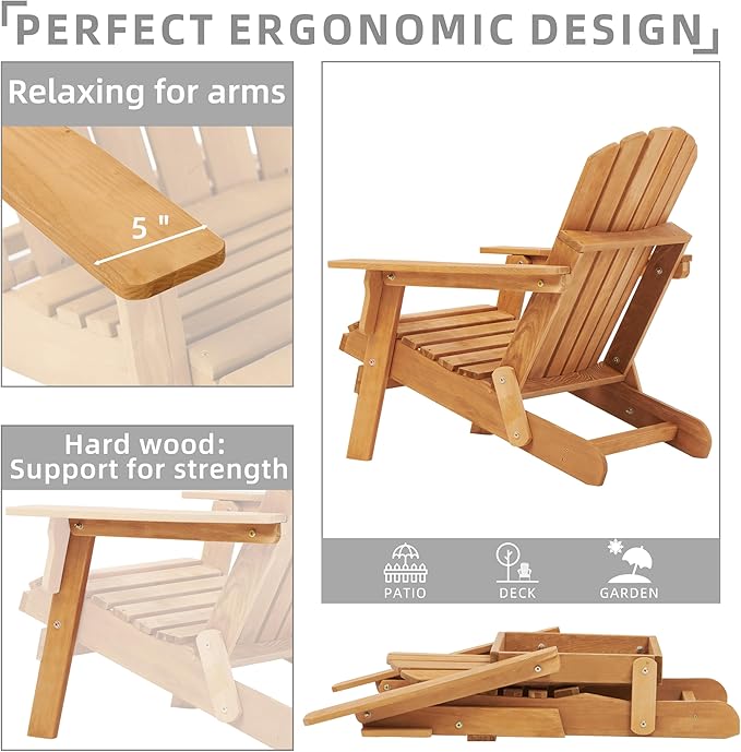 Oversized Outdoor Wooden Folding Adirondack Chair with Retractable Ottoman, Wood Patio Chair with Footrest for Garden Backyard Porch Pool Deck Firepit