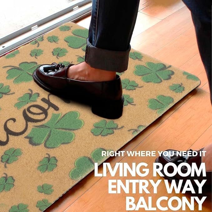 St. Patrick's-Day-Clovers-Welcome-Mats Outdoor-Entrance Green-Shamrock-Outdoor-Doormat Non Slip Coir Front Door Mat for Irish Home Decor 17" x 29"