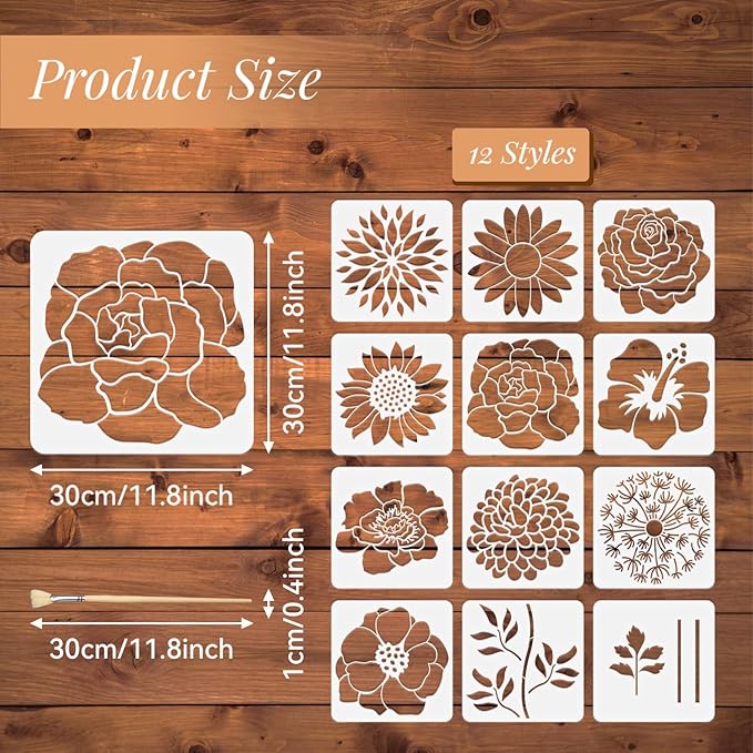 12PCS Large Flower Stencils for Painting on Wood 12 x 12 Inch Giant Wall Stencil with Brushes Large Pattern Floral Stencils Sunflower Paint Stencil for Walls Garden Fence Furniture Fabric