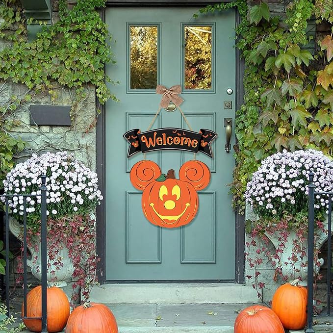 Halloween Mouse Pumpkin Decorations, Halloween Mouse Welcome Hanging Sign for Front Door, Happy Halloween Wooden Pumpkin Signs, Wood Door Hanger Ornaments for Home Window Wall Decor