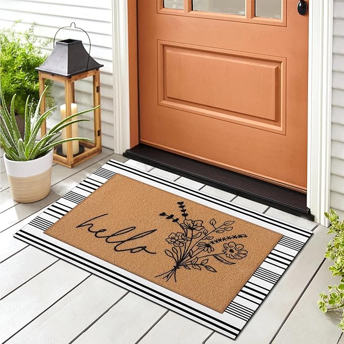 Tinideya 2 Pcs Summer Door Mat Non Slip Wildflower Coastal Hello Sunshine Sweet Home Ocean Pet Welcome Floor Doormat Buffalo Plaid Checked Stripe Mat Seasonal for Front Porch Entryway(Wildflower)