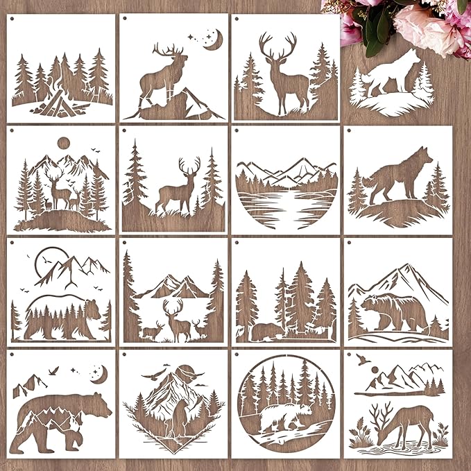Forest Stencils for Painting - 15 Pcs Stencils for Painting on Wood Wall Door Mat Canvas Bag, Wild Animal Reusable DIY Crafts Template Home Decor