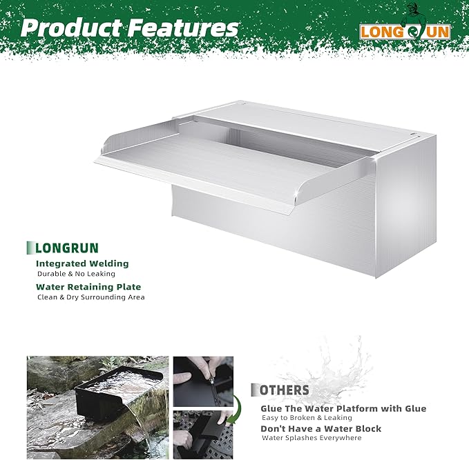 Longrun Pond Waterfall Box with Pump Kit, 304 Stainless Steel Pond Waterfall Spillway with 680 GPH 3000L/H Pump for Ponds, Pond Spillway Color-Changing LED Light Strip for Garden (11.8")