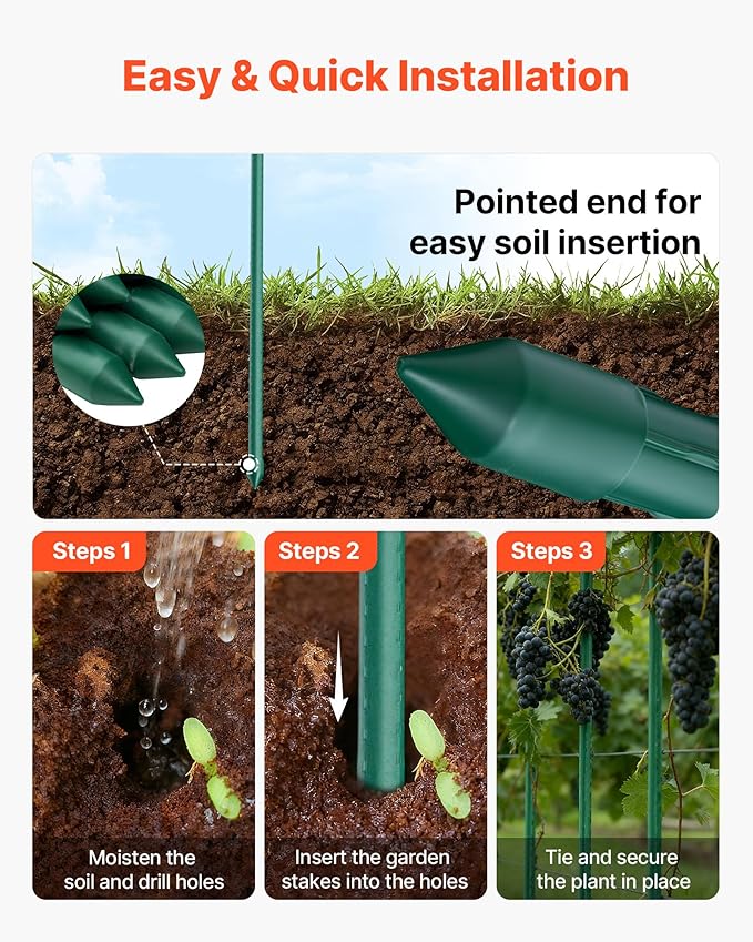 VEVOR Garden Stakes, 10 Pack, 93.7 inch, Plastic Coated Metal Tomato Stakes, Garden Sticks for Plants Support, with Pointed End and Non-Slip Bumps for Growing Climbing Plants, Outdoor Vegetables