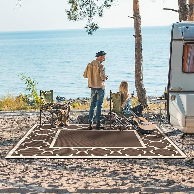 GENIMO Outdoor Rug 8' x 10' Patio Waterproof, Foldable Reversible Plastic Straw Area Rugs Mat for Camper Decor, Outside Carpet for Rv, Deck, Porch, Picnic, Beach, Balcony, Coffee & Beige