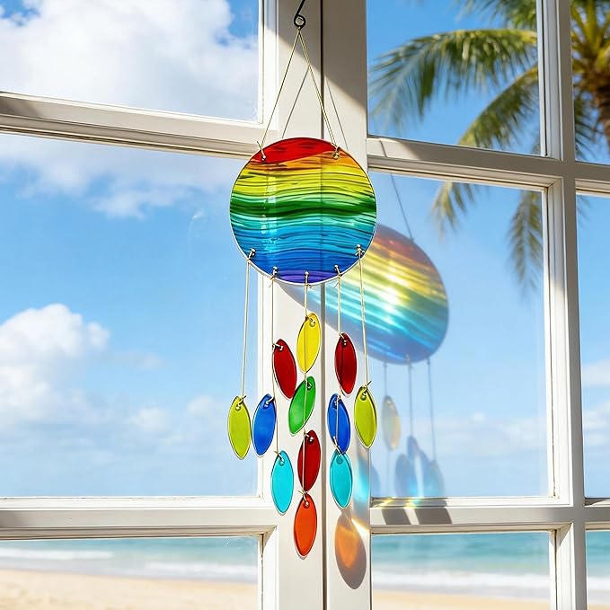 YU FENG Rainbow Stripe Double Disc Glass Wind Chime - Colorful Hanging Decor for Patio, Window & Garden