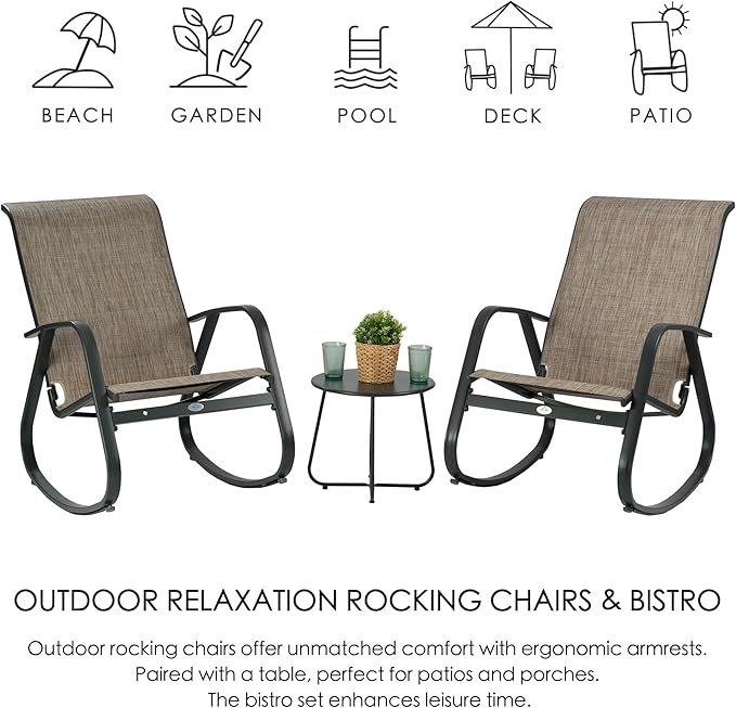 Kozyard Patio Rocking Chair Set of 3, Outdoor Contemporary Patio Rocking Sling Chair with Breathable Mesh Fabric Seat, Powder Coated Aluminum Frame for Patio, Porch, Yard, Garden