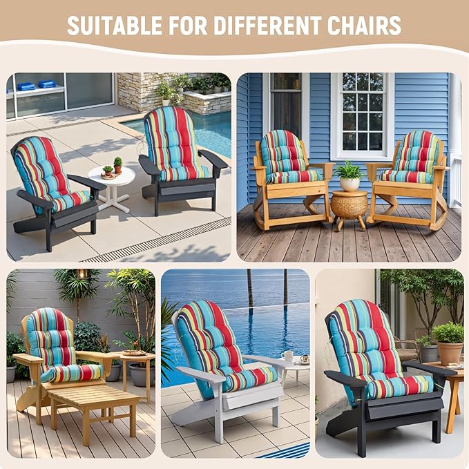 Adirondack Chair Cushion Set of 4, Rocking Chair Cushions, High Back Patio Cushions, Thickened Weather Resistant Patio Cushion with 6 Ties, Non Slip Fade & Waterproof