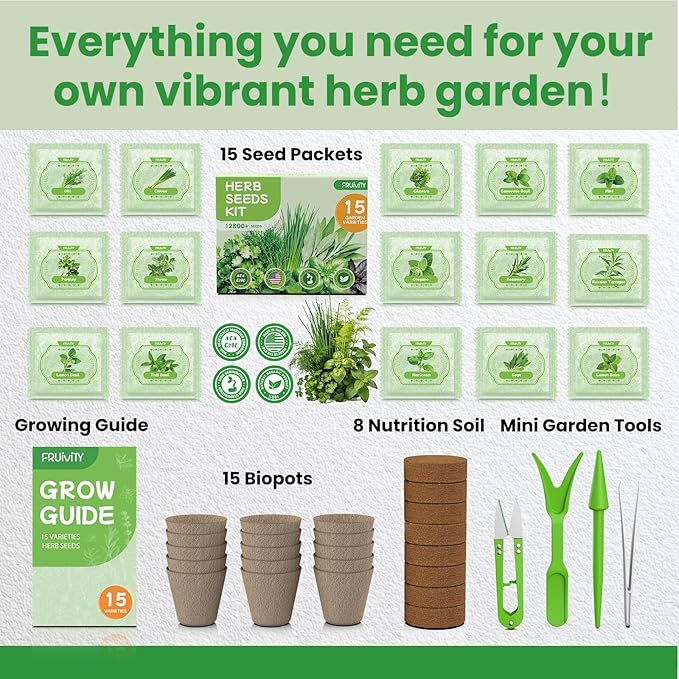 15 Herb Indoor Garden Kit Starter - Fruivity 12800+ Non-GMO Seeds with Genovese Basil, Mint, Parsley - Complete Windowsill Planter Set for Fresh Herbs, Unique Gift for Home Chefs, Women & Family
