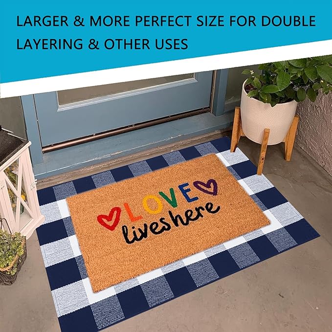 MUBIN Cotton Navy Blue and White Plaid Rug, 27.5"x 43" Checked Outdoor Rug Front Door Decorative Mat, Hand-Woven Reversible Foldable Rug for Layered Door Mats Washable Carpet for Front Porch, Entryway