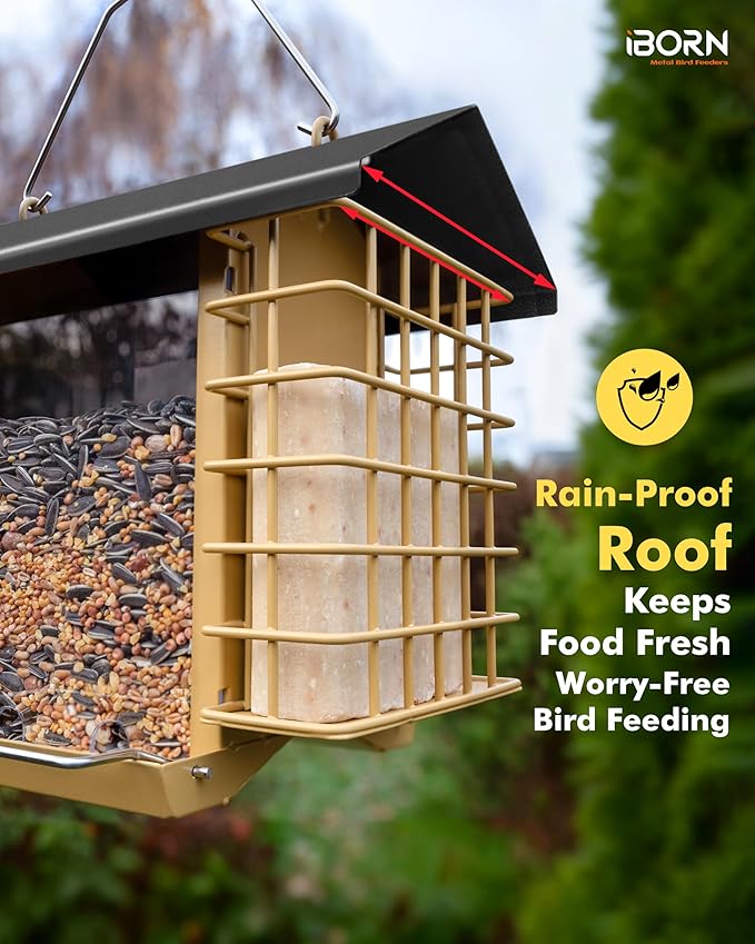 iBorn Bird Feeders for Outdoors,Bird Feeder with Double Suet Holders,Suet Feeder for Outside,Weatherproof Metal Roof,Easy to Refill&Clean,3.2 LBs Seed Capacity+2X Cakes,1 Pack,Black Roof & Yellow Grid