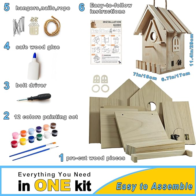 DIY Wooden Bird Houses for Outside with Paint Woodworking Craft for Kids and Adults Hanging Birdhouse for Garden Yard Decor Gifts