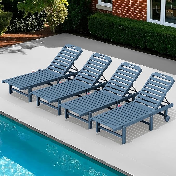 SERWALL Patio Chaise Lounge Chair Set of 4, HDPE Outdoor Lounge Chair with Cup Holder, 5 Positions Adjustable Poly Lounger with Rolling Wheels for Poolside, Deck, Sunbathing, Blue