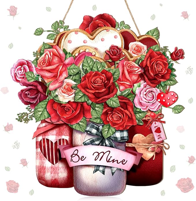 Juexica Valentines Door Decor Rose Wood Hanging Sign Wooden Farmhouse Welcome Sign with Heart Shaped Porch Home Farmhouse Valentines Front Door Wedding Anniversary Home Wall Decor