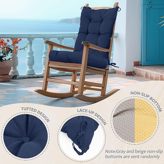 mudilun Rocking Chair Cushion Non-Slip Tufted Indoor/Outdoor Rocking Chair Cushions 80% Water Proof with Straps for Living Room Baby Room Garden High Back Rocking Chair Pads (Blue)