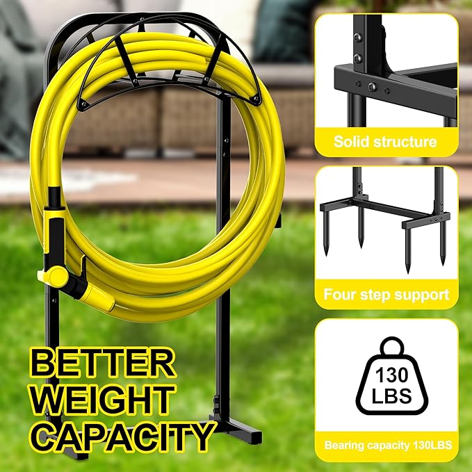 Suchek Garden Hose Holder, Upgraded 4 Spikes Water Hose Holder, Heavy Duty Hose Stand Holds 150ft Hose, Freestanding Hose Hanger, Hose Storage Organizer for Outside Yard Lawn (Black)