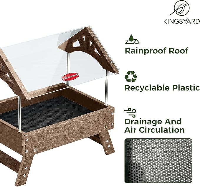 Kingsyard Ground Bird Feeder for Outdoors - Recycled Plastic Platform Feeder for Wild Birds, Rainproof Squirrel Feeders, 5 LBS Large Capacity, Brown