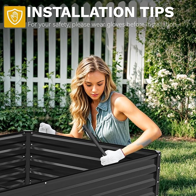 DWVO 8 x 4 x 2 FT Raised Garden Bed Kit, Outdoor Galvanized Flower Bed with Safety Rubber and Gloves, Large Metal Planter Box for Vegetables, Flowers, Herbs, Fruits, Black