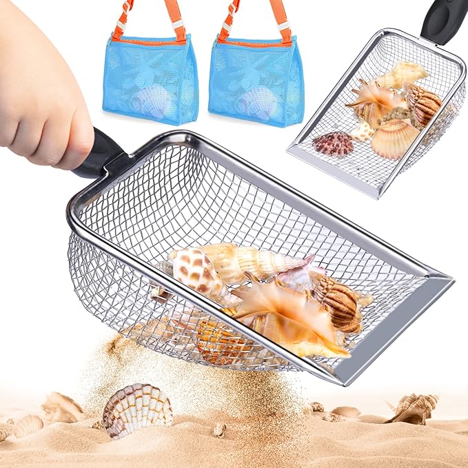 2 PCS Beach Mesh Shovel with 2 PCS Mesh Beach Bag for Filter Sand, Kids Shell Collecting Scooper for Picking Up Shells, Shark Tooth Sifter for Boys and Girls, Beach Toy