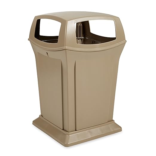 Rubbermaid Commercial Products Ranger Trash Can with 4 Opening Lid, 45 GAL, Beige Plastic, Outdoor for Stadiums/Parks/Shopping Plazas