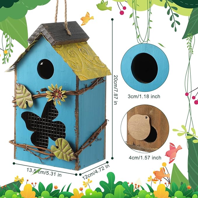 2 Pcs Decorative Birdhouse for Yard Outside Hanging Wooden Birdhouse Hand Painted Bird Box for Bird Lovers Bluebird Tree Swallow Wild Chickadee Garden Decor(Blue,Light Green,Iron Roof)