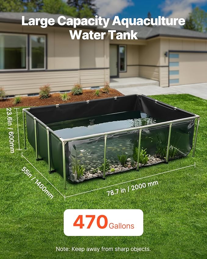 VEVOR Canvas Fish Pond, 470 Gal Above Ground Fish Pond, PVC Koi Tank with Clear Viewing Panel, Rectangular Goldfish Tank with Stainless Steel Frame & Drain Valve, for Breeding Koi, Irrigation(Black)