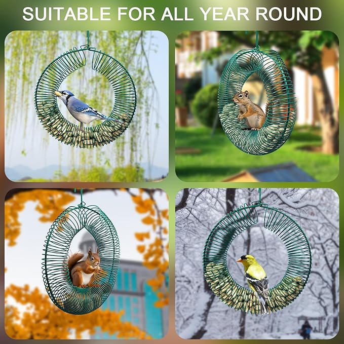 Hugeleaf 2 Pieces Peanut Bird Feeder, Hanging Wreath Feeder Round Metal Whole Wild Bird Feeder with Hanging Hook for Outdoor Birds and Squirrels Feeding, Fat Suet Ball Feeder for Blue Jay, Green