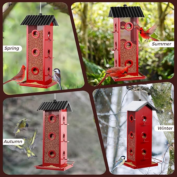 All Metal Bird Feeder for Outdoors Hanging | 14-Port Multi-Bird Viewing | Rust-Proof, Waterproof & Easy-Clean | Attracts Cardinals, Finches, Chickadees & More (Elegant Red & Black)