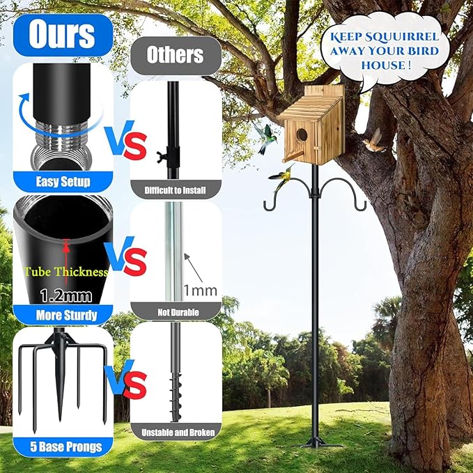 QwayHome 92Inch Smart Bird Feeder Pole, Bird House Pole Mount Kit for Outdoor Smart Bird Feeder & Wooden Birdhouse & Weather Station, 1Inch Dia Poles, with 5-Prong Base, 2Pc Shepherd Hook