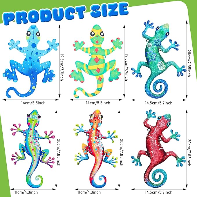Metal Gecko Wall Decor 6 PCS, 3 Styles Outdoor Wall Art Decorations, Metal Lizard Hanging Decor for Garden, Patio, Farmhouse, Home, Fence