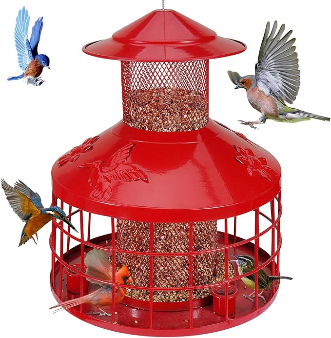 Squirrel Proof Bird Feeder with 3 Water Cups, 4.2LB Large Capacity Outdoor Hanging Bird Feeder with Metal Cage, One-Piece Design No Assembly Needed, Weather Resistant & Stylish for Garden, Yard (Red)