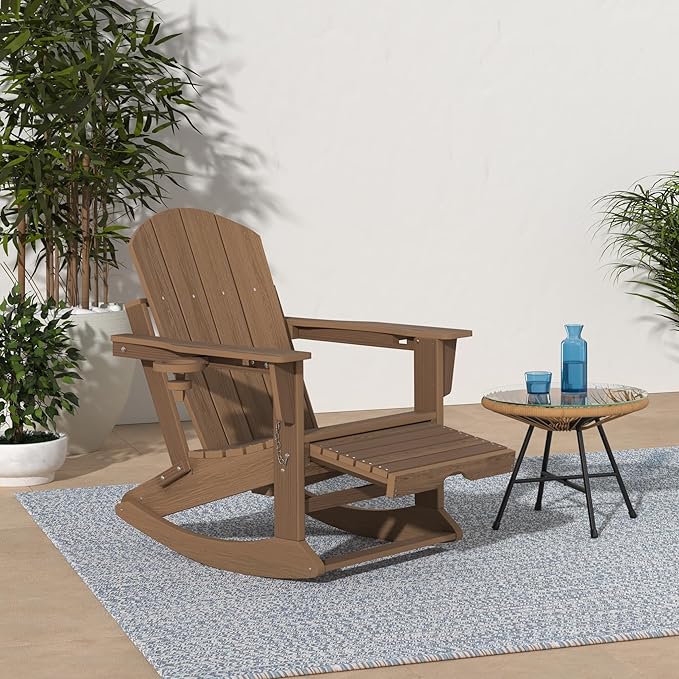 KINGYES Adirondack Rocking Chair Set of 2 with Retractable Ottoman and Cup Holders, HDPE Adirondack Rocker Patio Rocking Chair for Porch, Patio, Balcony, Brown